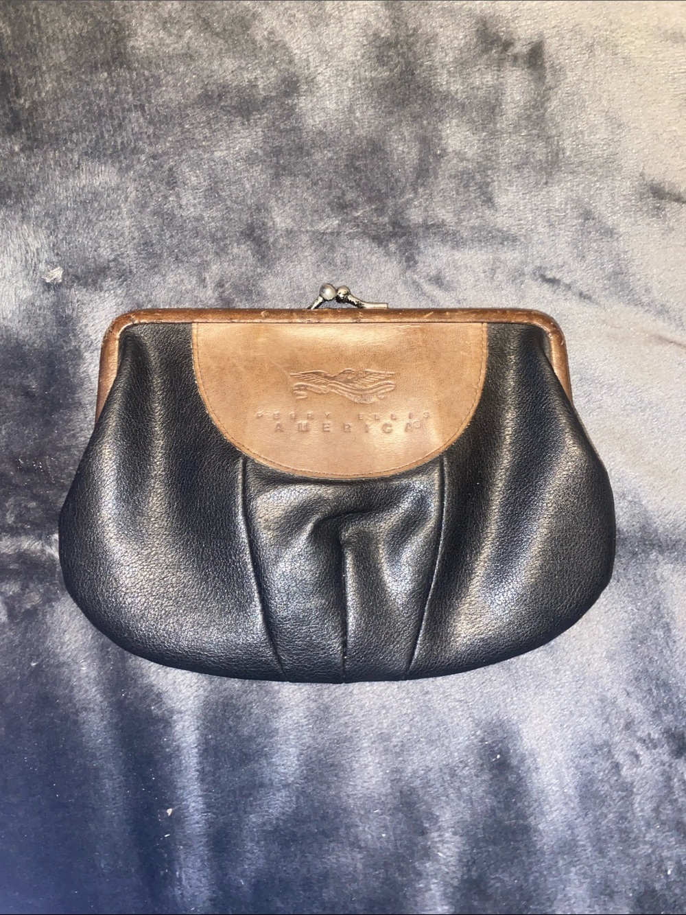 Vintage Perry Ellis Two-Tone Black and Brown Leather Kiss-Lock Clutch